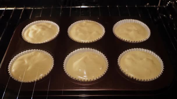 Cupcakes Muffins Assar Lata Forno Lapso Tempo Close Padaria Caseira — Vídeo de Stock