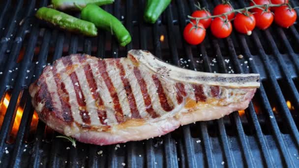 Steak Boeuf Osseux Sur Grille Gril Saupoudrer Épices Flamme Ferme — Video