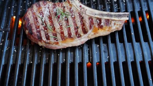 Steak Boeuf Osseux Sur Grille Barbecue Flamme Vue Dessus Légumes — Video