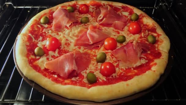 Піца Прошутто Готує Духовці Процес Приготування Їжі Проміжок Часу — стокове відео
