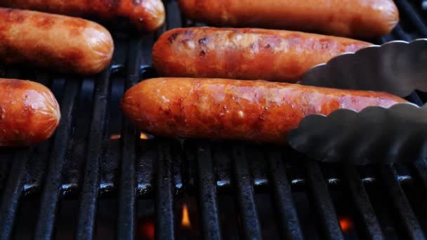 Grilled Sausages Bockwurst Barbecue Grill Grate Turn Sausages Close — Stock Video