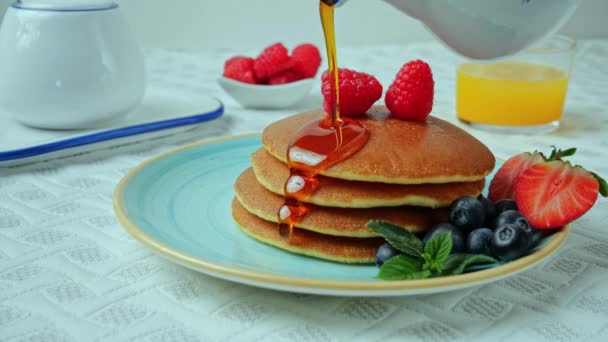 Maple Syrup Poured Buttermilk Pancakes Sweet Breakfast Slow Motion — Stock Video