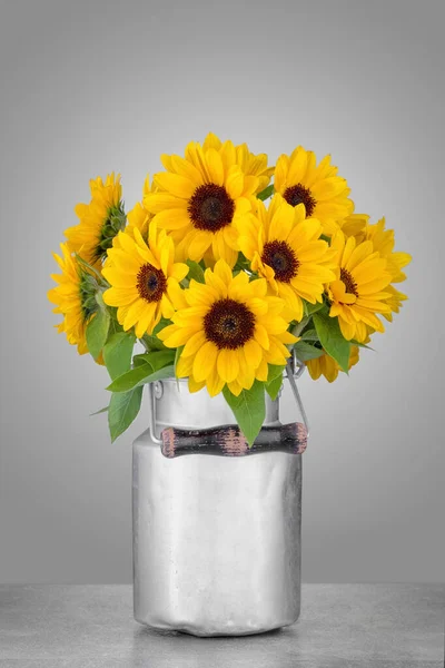灰色の背景にひまわりの花束を持つアルミニウム缶 — ストック写真