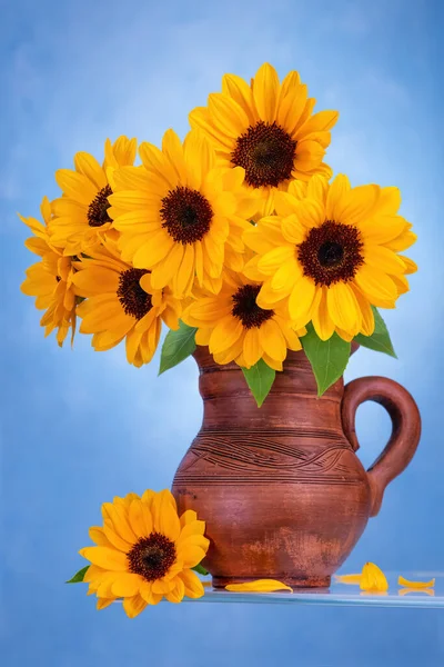 Clay Jug Sunflowers Blue Background Glass — Stock Photo, Image