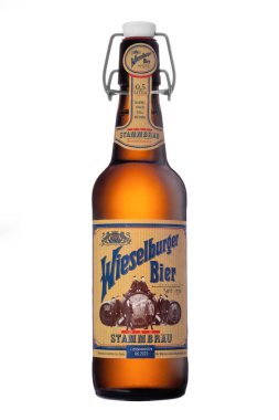 Hamburg, Germany - Jul 3, 2022: Bottle of Original Wieselburger Beer isolated on white background.