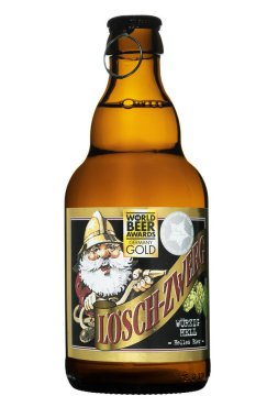 Hamburg, Germany - Nov 22, 2022: Bottle of Original Loesch -Zwerg Beer isolated on white background.