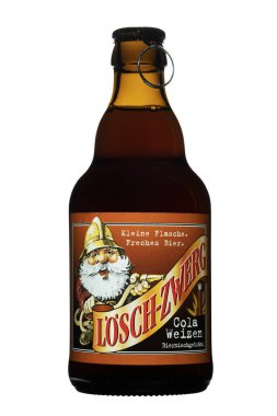 Hamburg, Germany - Nov 22, 2022: Bottle of Original Loesch -Zwerg Beer isolated on white background.