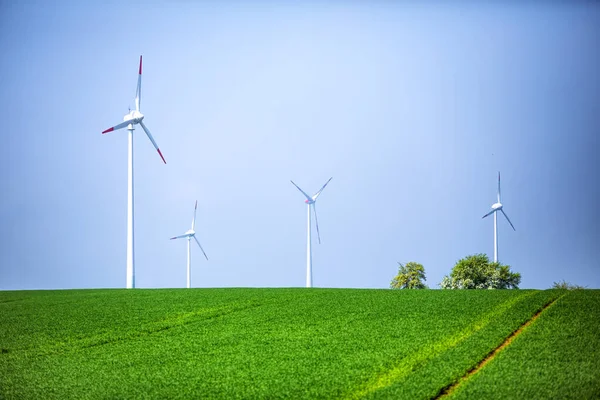 View Wind Turbines Agricultural Field — Fotografia de Stock