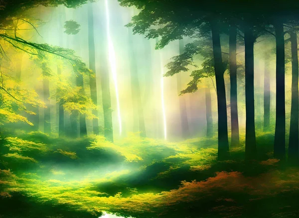 Fantasy mystical forest. Foggy green, dark forest. Generative AI