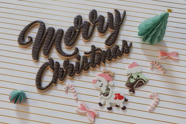 Image Sweet Christmas Cookies Candy Chocolate Merry Christmas Text Table — Stock Photo, Image