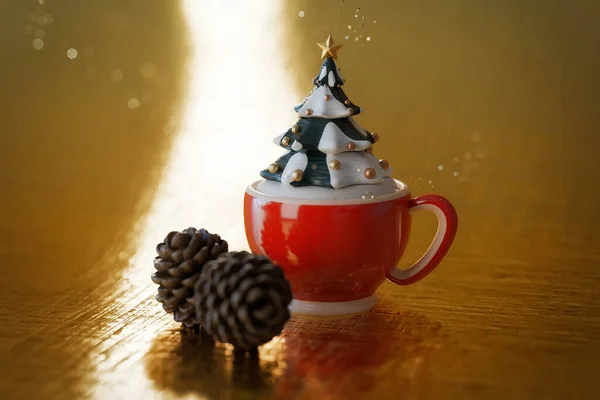 Kahve Fincanından Büyüyen Bir Noel Ağacı Resmi Altınla Kaplı Parlak — Stok fotoğraf