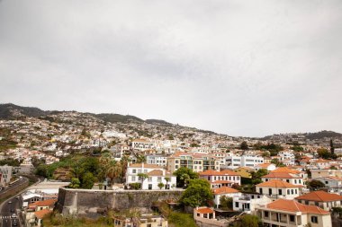 Portekiz 'deki Madeira Mountiain' in etkileyici bir manzarası. Bir tepenin yamacında ev yapımı.