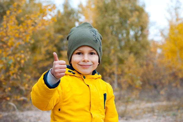 Портрет Красивого Хлопчика Дошкільника Зеленому Капелюсі Жовтому Піджаку Дитина Показує — стокове фото