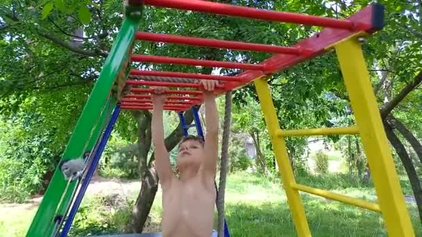Dreng Klatring Abe Barer Jungle Gym Udendørs Løbet Sommeren Stærk – Stock-video