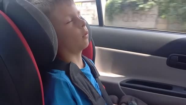 Enfant Couché Monte Sur Siège Arrière Voiture Garçon Dormant Dans — Video