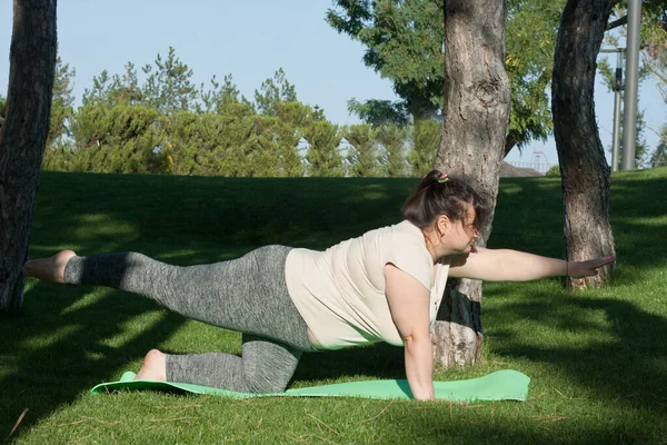 Fitness, outdoor training, weight loss. Fat woman doing exercises in nature. overweight middle-aged woman does Pilates in city park. Healthy lifestyle