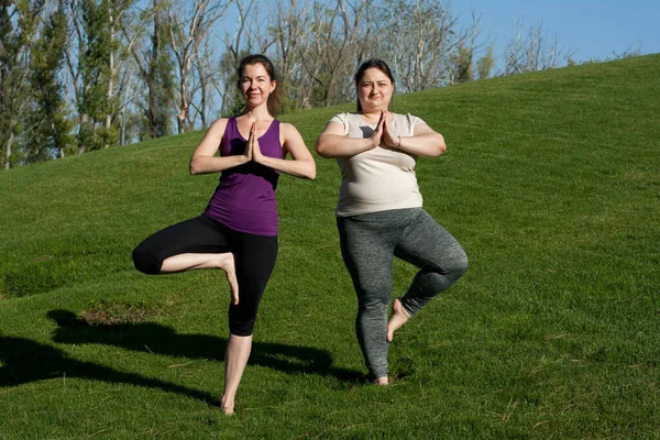 Two middle-aged women practice yoga in city park, tree pose, standing barefoot on grass. Namaste. Healthy lifestyle, fitness, Pilates, weight loss. Overweight woman practices yoga with trainer.