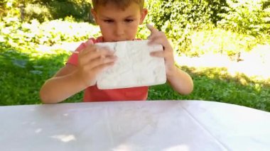 Çocuk arkeolojik kazılara tutkulu, doğada masada oturuyor. Dinozor kalıntıları ya da alçıya gizlenmiş böcekler çıkaran çocuk. Genç bir paleontolog kazı malzemesi kullanıyor..