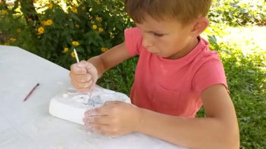 Çocuk arkeolojik kazılara tutkulu, doğada masada oturuyor. Dinozor kalıntıları ya da alçıya gizlenmiş böcekler çıkaran çocuk. Genç bir paleontolog kazı malzemesi kullanıyor..