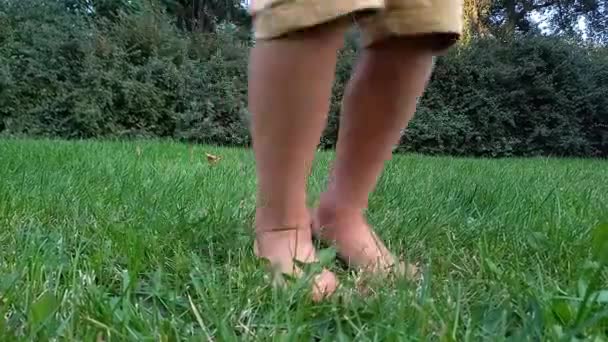 Criança Feliz Pulando Grama Verde Parque Descalço Pernas Close Menino — Vídeo de Stock