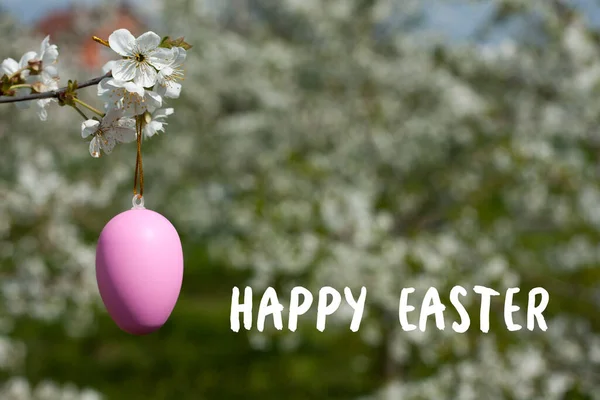 Greeting card with wishes of Happy Easter. Close-up of decorative Easter egg on branch against background of flowering trees. Holiday concept. Religious holiday of Easter. Nature. Springtime