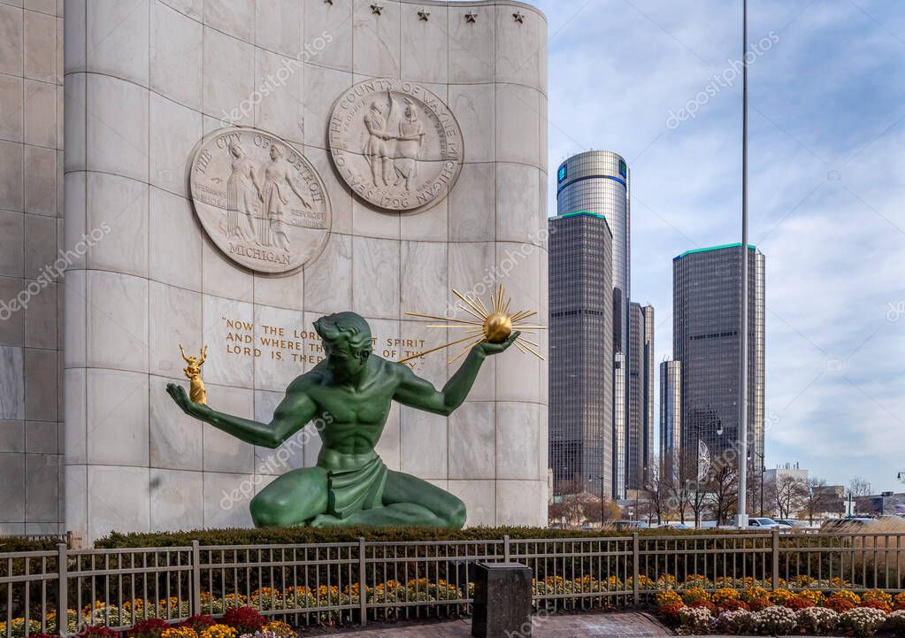 Detroit, Michigan, USA - November 23, 2018: The Spirit of Detroit is a city monument with a large bronze statue created by Marshall Fredericks in Detroit, Michigan.