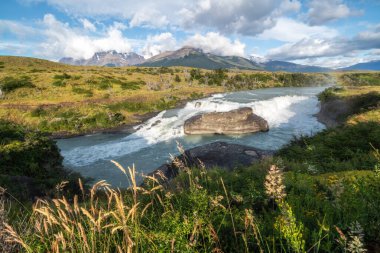 Paine Cascada Rio Paine Şelalesi (Cascada Rio Paine Şelalesi) Şili 'nin Magallanes Bölgesi' ndeki Torres Del Paine Ulusal Parkı 'nda..