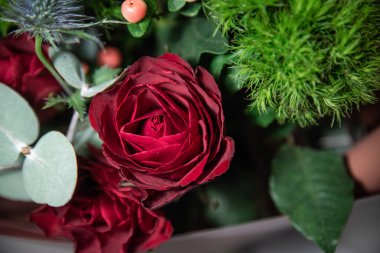 Kırmızı güller, böğürtlenler, dianthus yeşil topları içeren taze çiçek buketi.