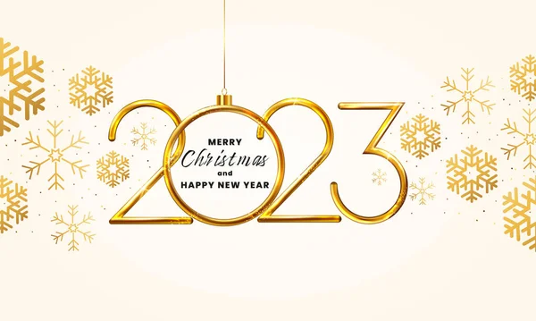 Feliz Año Nuevo 2023 Número Metal Dorado Sobre Fondo Brillante — Vector de stock