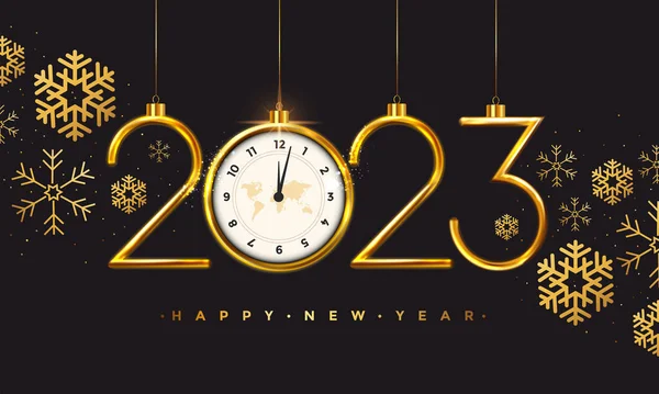 新年快乐2023 黑色背景上的金色金属号码 节日现实的装饰 网页海报 封面卡片 小册子 矢量3D说明 — 图库矢量图片