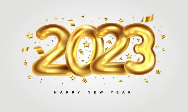 新年快乐2023 白色背景上的金色金属号码 节日现实的装饰 网页海报 封面卡片 小册子 矢量3D说明 — 图库矢量图片