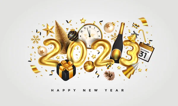 Šťastný Nový Rok2023 Zlaté Kovové Číslo Bílém Pozadí Slavnostní Realistická — Stockový vektor