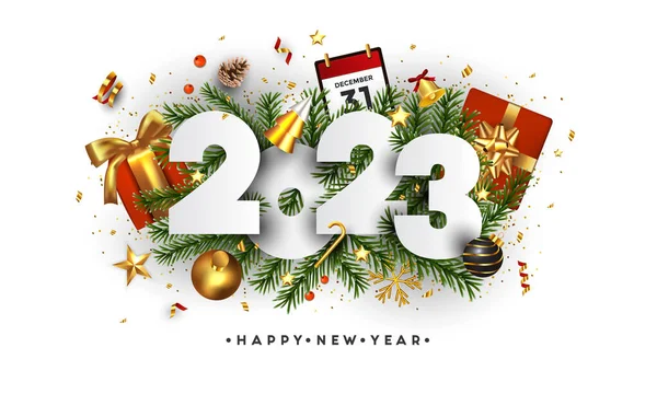 Šťastný Nový Rok 2023 Čísla Zelené Jedle Větve Sváteční Ozdoby — Stockový vektor
