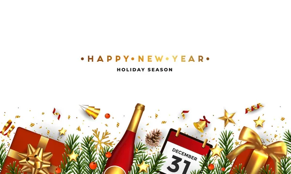 新年快乐横幅 绿杉枝条 白色背景的节日装饰品 贺卡或促销海报模板 矢量说明 — 图库矢量图片