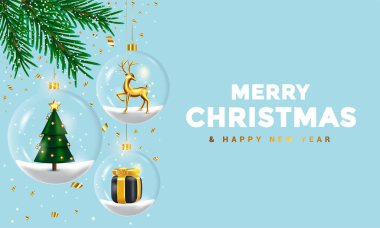 İçinde köknar ağacı, geyik ve hediye kutusu olan şeffaf Noel topları karda, conffeti düşüyor. Yılbaşı tatili geçmişi. Vektör 3d illüstrasyon