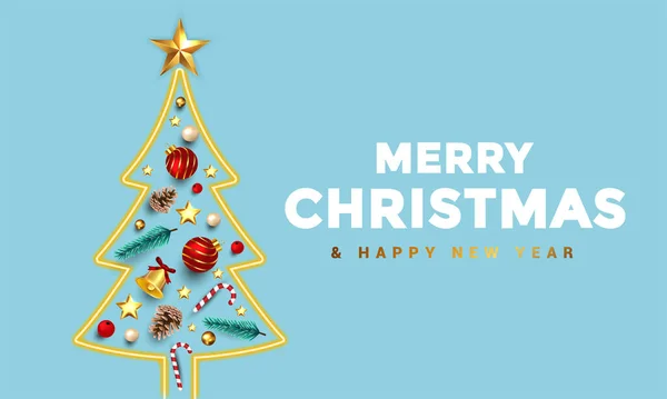 Veselý Vánoční Banner Neonový Světlý Jedlový Strom Ozdobami Uvnitř Vánoční — Stockový vektor