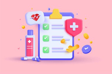 Sağlık ilaçları için kontrol listesi olan 3D ilk yardım. En az ilk yardım ve sağlık kontrolü. Acil tıbbi yardım. 3d Vektör illüstrasyonu