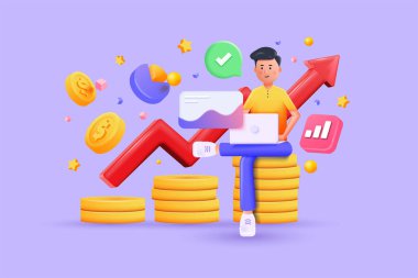 3D illustration of young man sitting on coins. Financial investment trade. Creative concept of market movement. Bank deposit, profit finance Manage money through your applications. Investment Cryptocurrency trend trading. 3D Vector