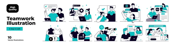 Business Teamwork Illustrationer Mega Inspelning Insamling Scener Med Män Och — Stock vektor