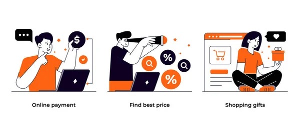 Online Winkelen Commerce Concept Set Online Betalen Korting Winkelen Geschenken — Stockvector