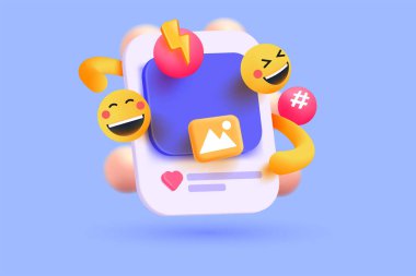 3D sosyal medya çevrimiçi platform konsepti, uygulamalar üzerinde çevrimiçi sosyal iletişim, emoji simgeli fotoğraf çerçevesi, pembe baloncuk simgelerinde etiket ve ışıklandırma. 3d vektör oluşturma kavramı