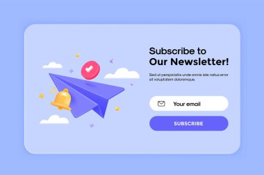 Üç boyutlu gazete afişine karikatür kağıt uçak şablonuyla abone olun. E-posta işi pazarlama konsepti. Haberlere ve terfilere aboneyim. Kayıt formu. Web düğmesi modeli. 3B Vektör illüstrasyonu