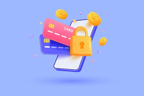 Κινητό Τηλέφωνο Πιστωτικές Κάρτες Και Λουκέτο Προστασία Online Πληρωμών Κρατώντας — Διανυσματικό Αρχείο