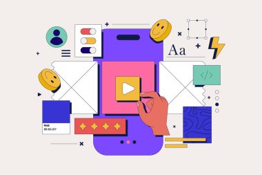 UI UX elemanları kolajı ile uygulama geliştirme konsepti web afişi op posteri için. Başlık ya da Socila medya iletisi olarak kullanılabilir. Vektör illüstrasyonu