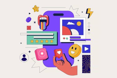 Sosyal medya konsept sahnesi. Fotoğraflı yeni bir gönderi yap, arkadaşlarınla bağlantılarını paylaş, mesajlar al. Pazarlama materyali için vektör illüstrasyonu.