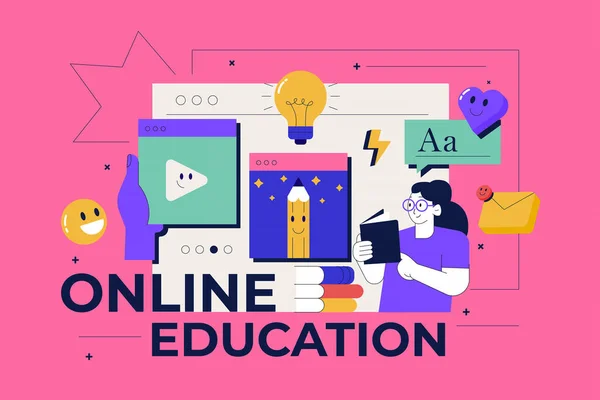 Trendy Illustration Online Education Communication Meeting Online Class Dialog Percakapan - Stok Vektor