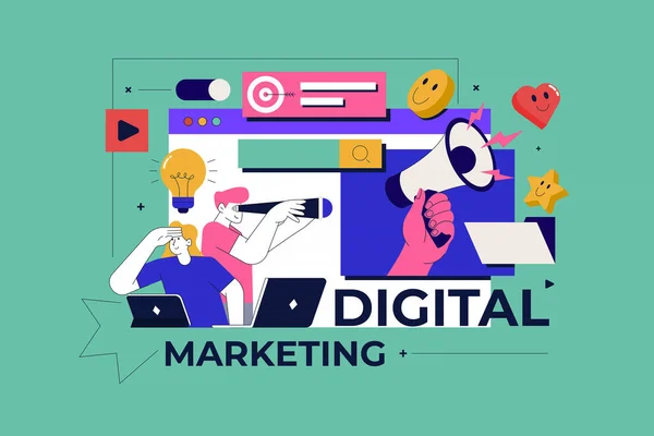 Trendige Illustration Des Digitalen Marketingkonzepts Soziale Netzwerke Und Medienkommunikation Seo — Stockvektor