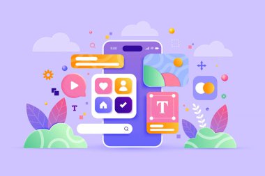 Mobil uygulama, yazılımlar ve 3 boyutlu web geliştirme, bar çizelgesi, pembe arka planda bilgi. 3d Vektör İllüstrasyonu