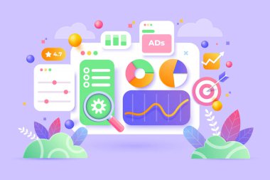 Çevrimiçi pazarlama, finansal rapor şeması, veri analizi ve web geliştirme kavramı. SEO optimizasyon, web analizleri ve sosyal medya seo pazarlama kavramı. 3d vektör illüstrasyonu