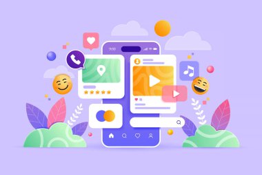 3D sosyal medya platformu, çevrimiçi sosyal iletişim uygulamaları konsepti, emoji, kalp, sohbet ve akıllı telefon geçmişi olan grafikler. 3d Vektör illüstrasyonu